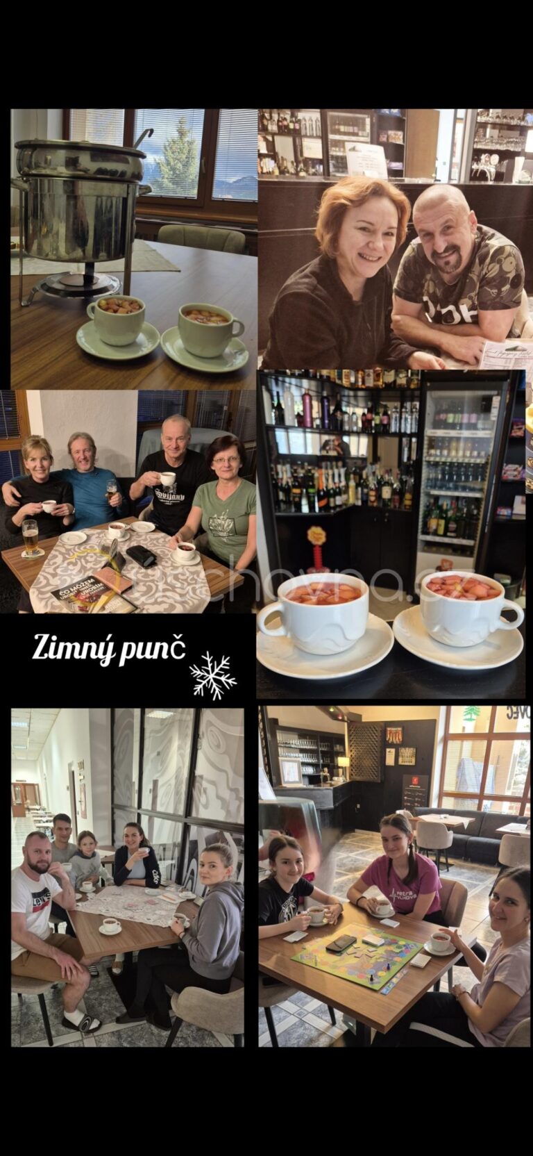 koláž fotiek so zimným punčom, spokojnými ďetmi a dospelými v zariadení Smrekovec